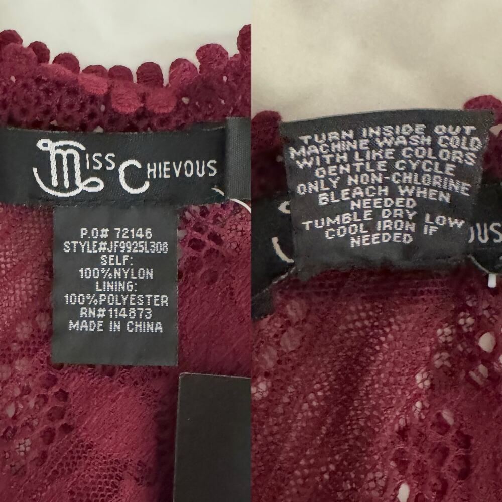 NWT Miss Cheivous Burgundy Boho Lace Layered 3/4 Sleeve Blouse, Women’s L - Picture 8 of 9